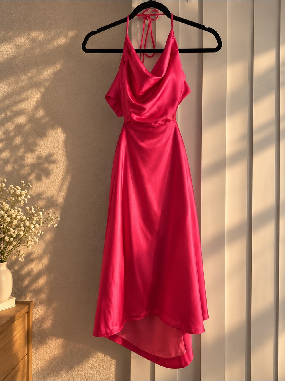 Halter High-Low Satin Dress in Fuchsia
